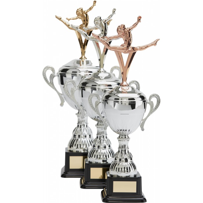 SILVER HANDLED GYMNASTIC CUP WITH GYMNASTIC METAL FIGURE - AVAILABLE IN 3 SIZES
